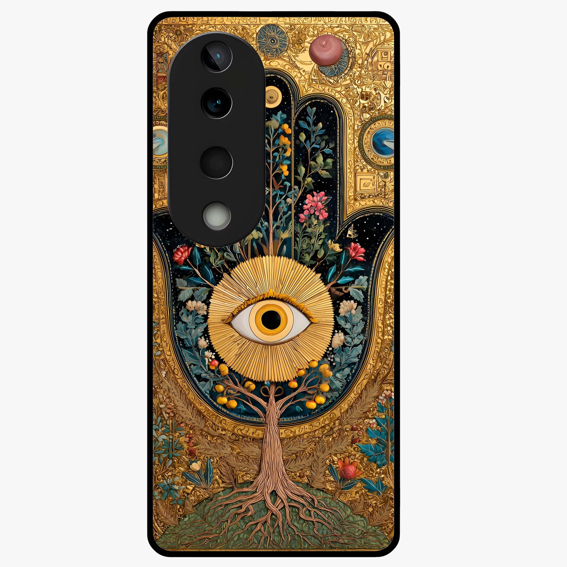 Ethereal Evil Eye Glass Case showing flat back view with mystical evil eye artwork and glossy glass finish.