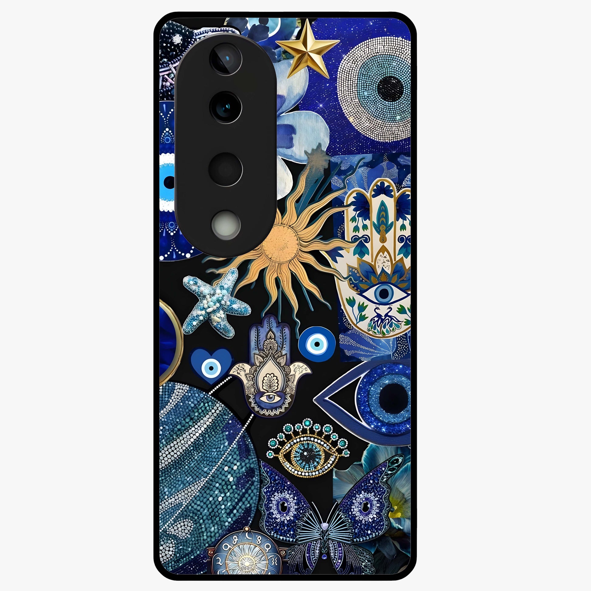 Evil Eye Charm Mix Glass Case showing flat back view with multiple evil eye charms artwork and glossy glass finish.