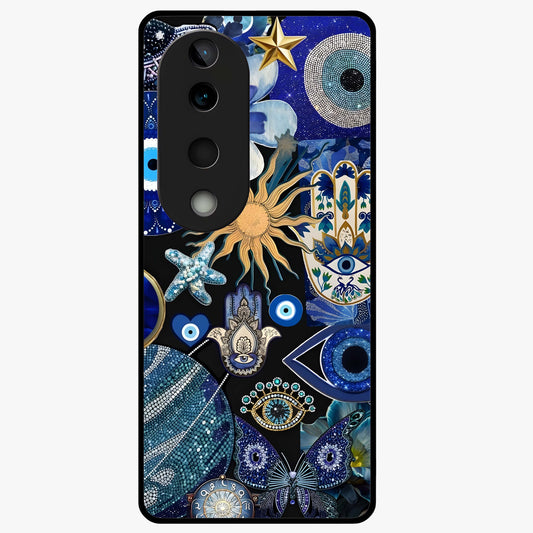 Evil Eye Charm Mix Glass Case showing flat back view with multiple evil eye charms artwork and glossy glass finish.