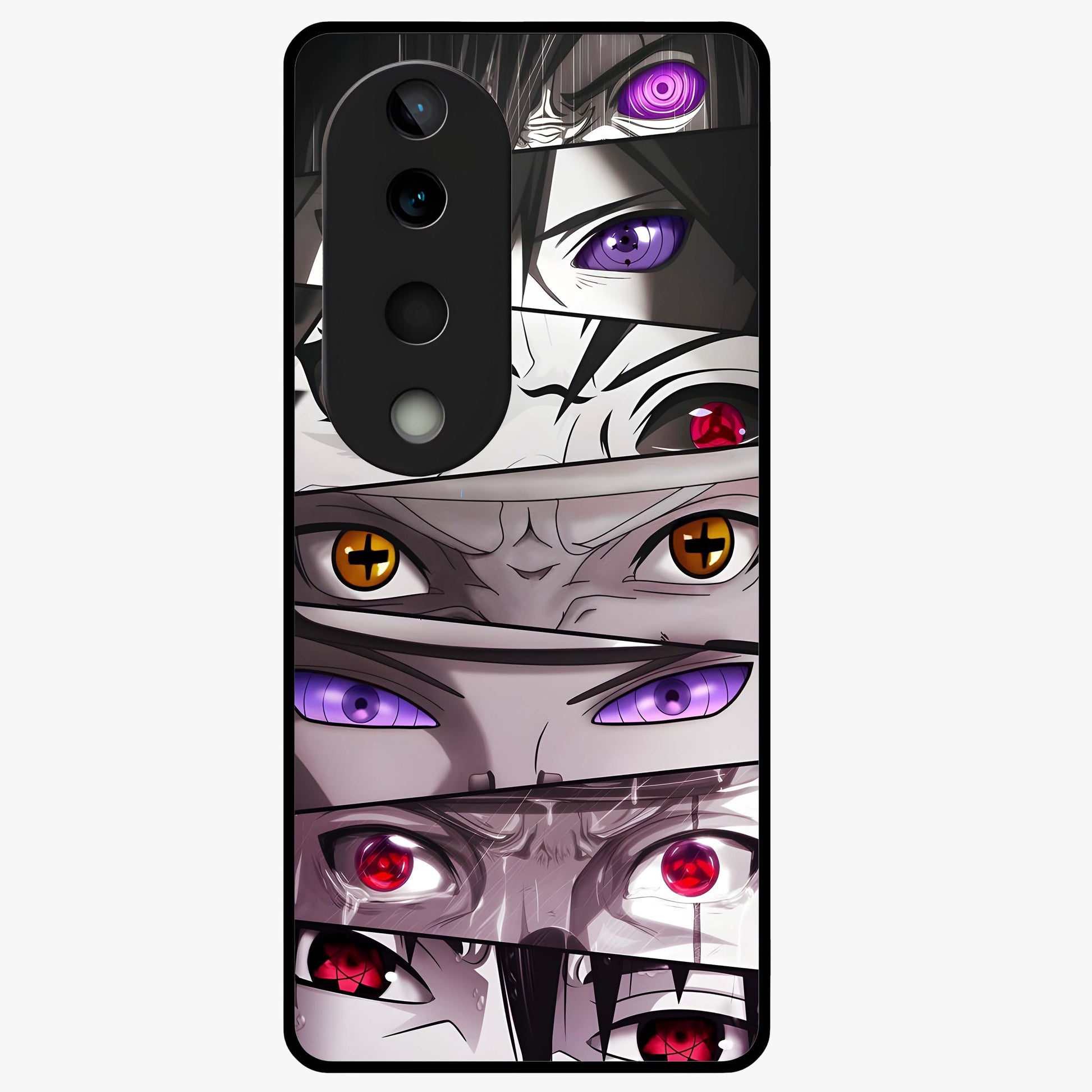 Eyes of Destiny Glass Case showing flat back view with striking eye themed artwork and glossy glass finish.