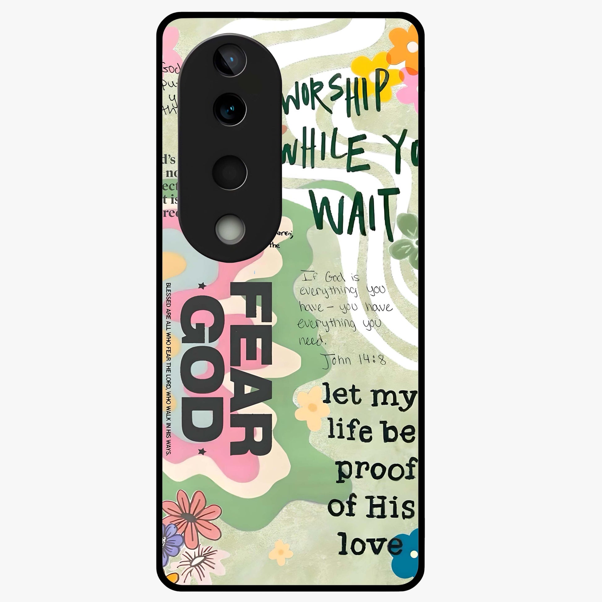 Faith Over Fear Glass Case showing flat back view with motivational typography artwork and glossy glass finish.