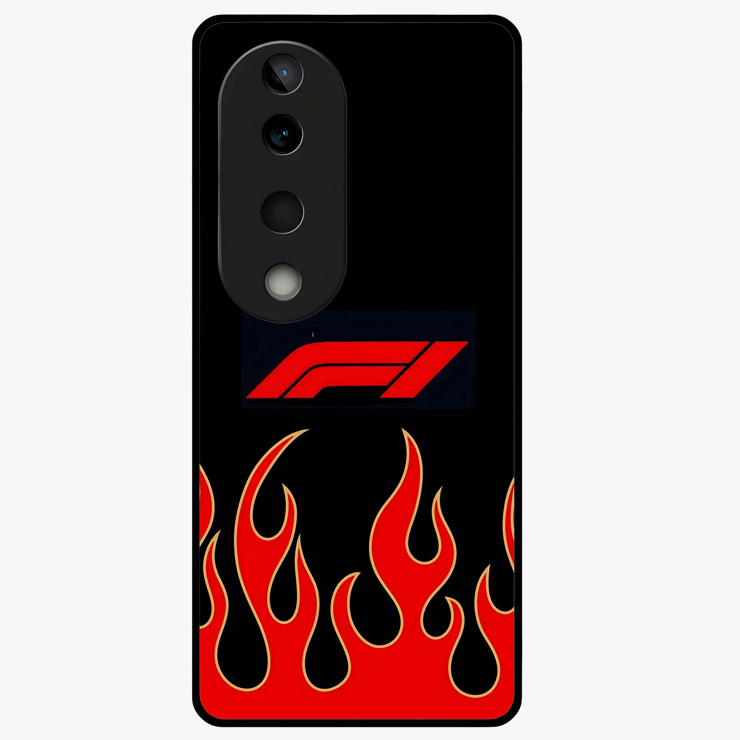Fire F11 Glass Case showing flat back view with fiery themed artwork and glossy glass finish.