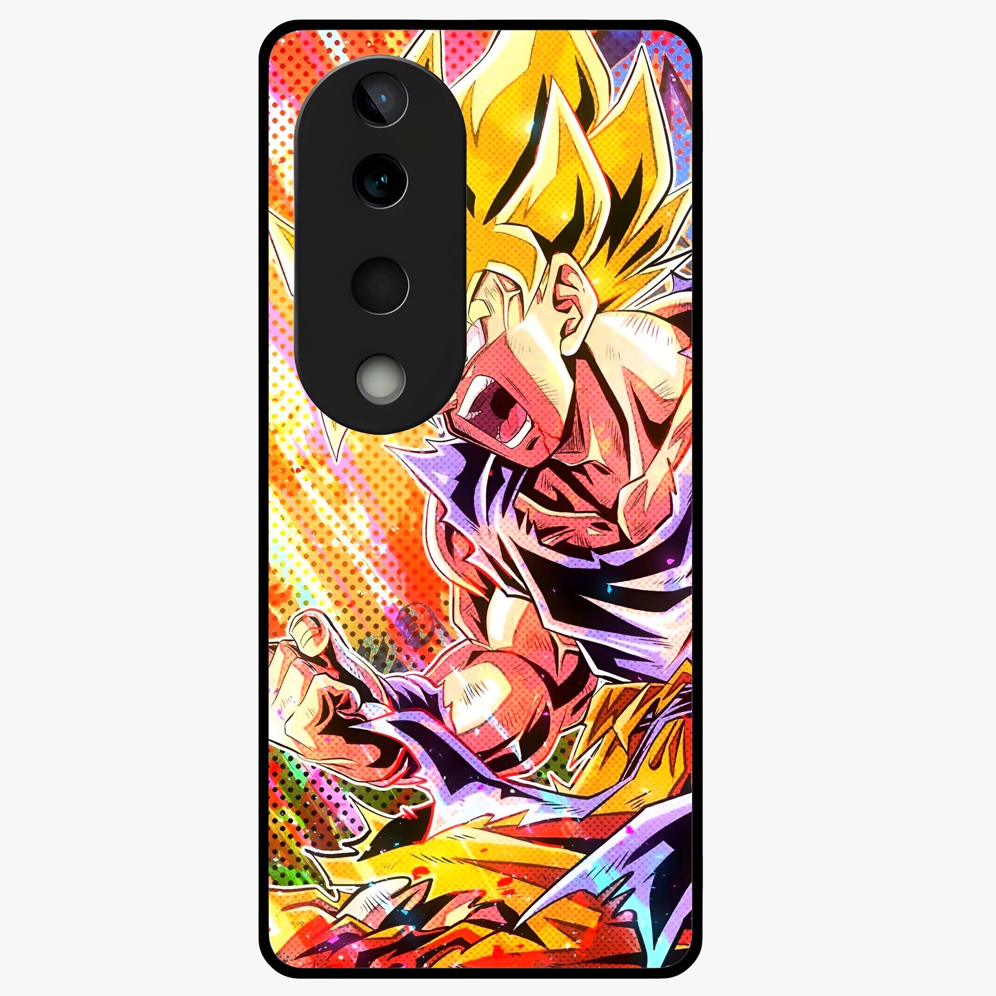 Firing Goku Glass Case showing flat back view with powerful anime inspired artwork and glossy glass finish.