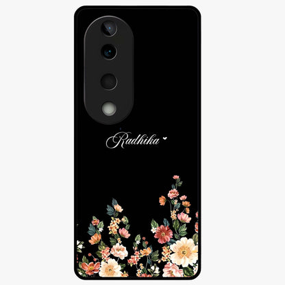 Floral Design With a Custom Personalized Name Glass Case showing flat back view with floral artwork and personalized name design.