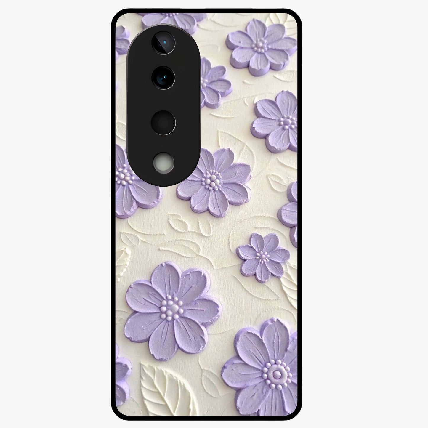 Floral Wall Art With Purple Flowers Glass Case showing flat back view with purple flower artwork and glossy glass finish.