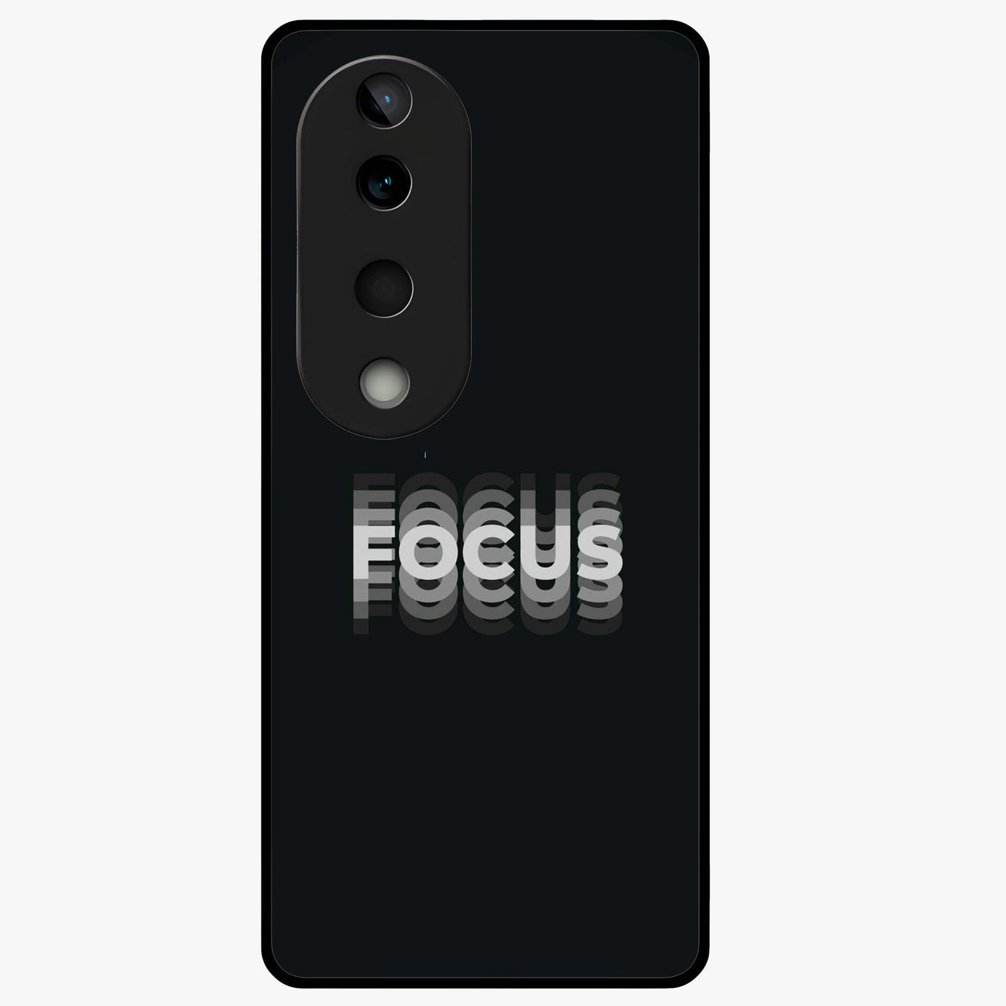 Focus Mode On Glass Case showing flat back view with bold motivational typography design and glossy glass finish.