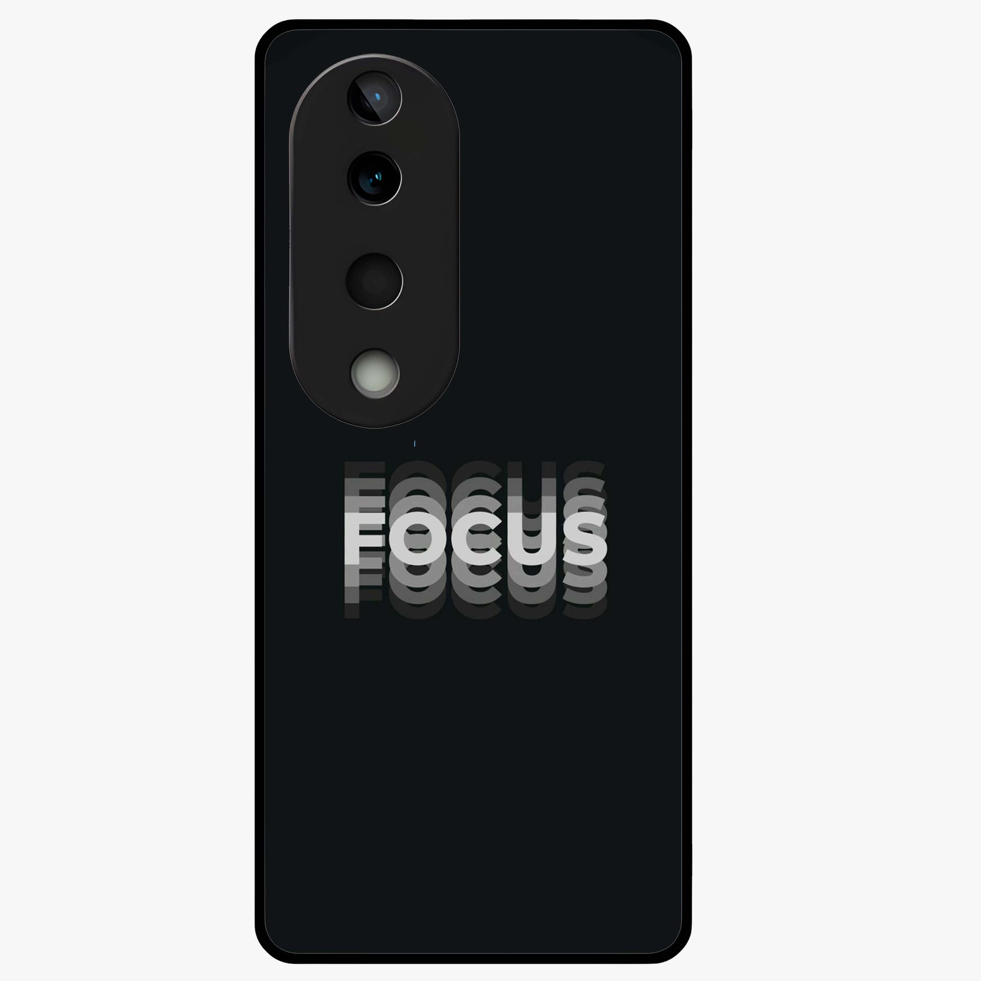Focus Mode On Glass Case showing flat back view with bold motivational typography design and glossy glass finish.