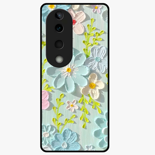 Frosted Petal Garden Glass Case showing flat back view with soft frosted floral artwork and glossy glass finish.