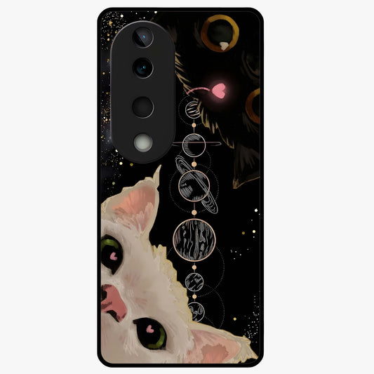 Galactic Cat Glass Case showing flat back view with cosmic cat artwork and glossy glass finish.
