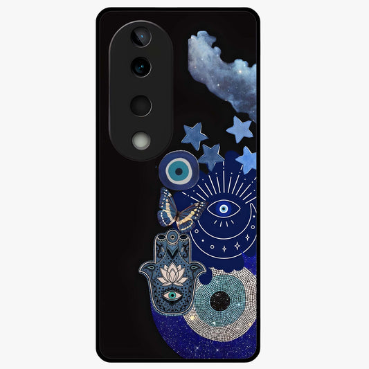 Galactic Charm Cluster Glass Case showing flat back view with glowing celestial charm artwork and glossy glass finish.