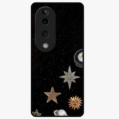 Galactic Charm Glow Glass Case showing flat back view with glowing celestial charm artwork and glossy glass finish.