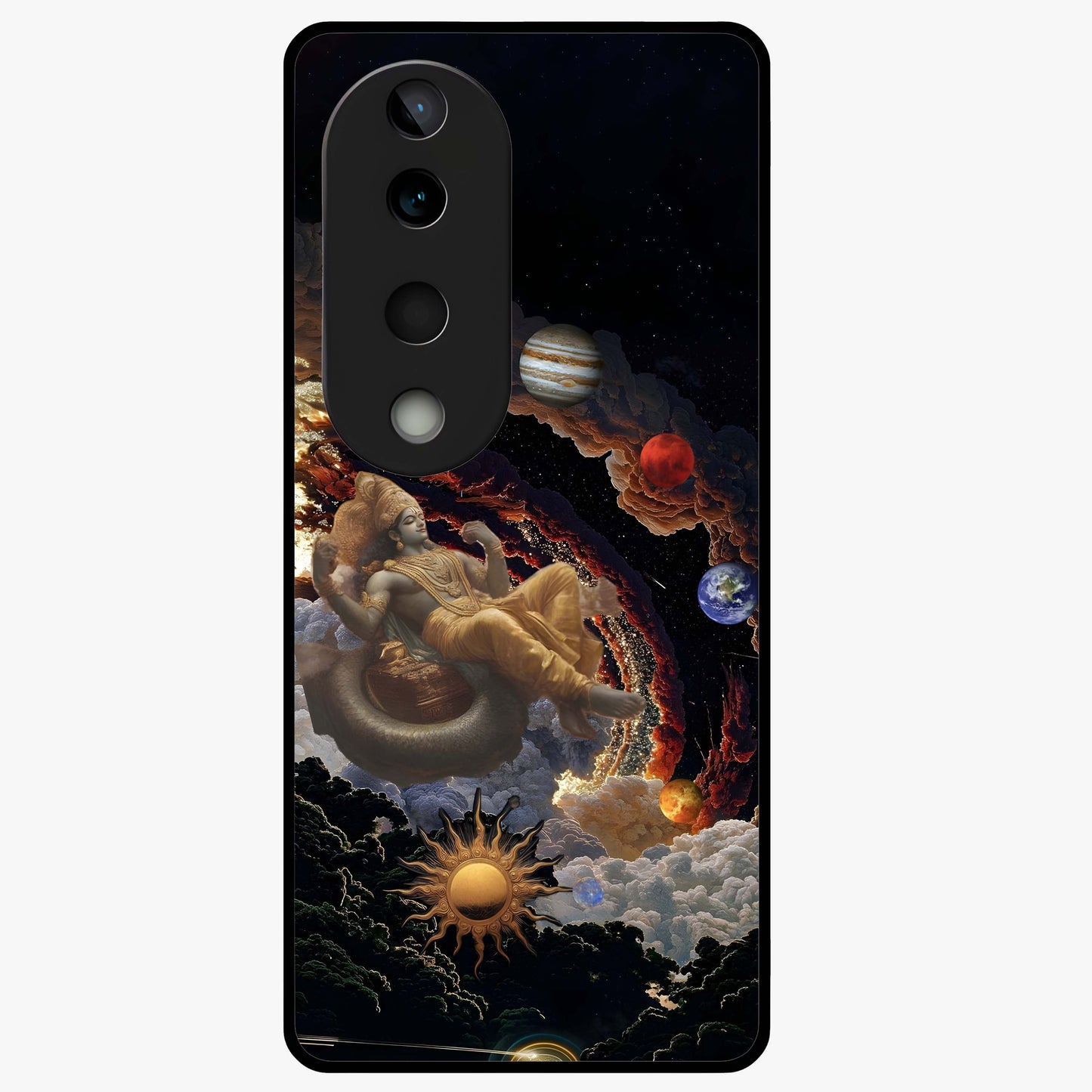 Galactic Divine God Glass Case showing flat back view with divine cosmic themed artwork and glossy glass finish.