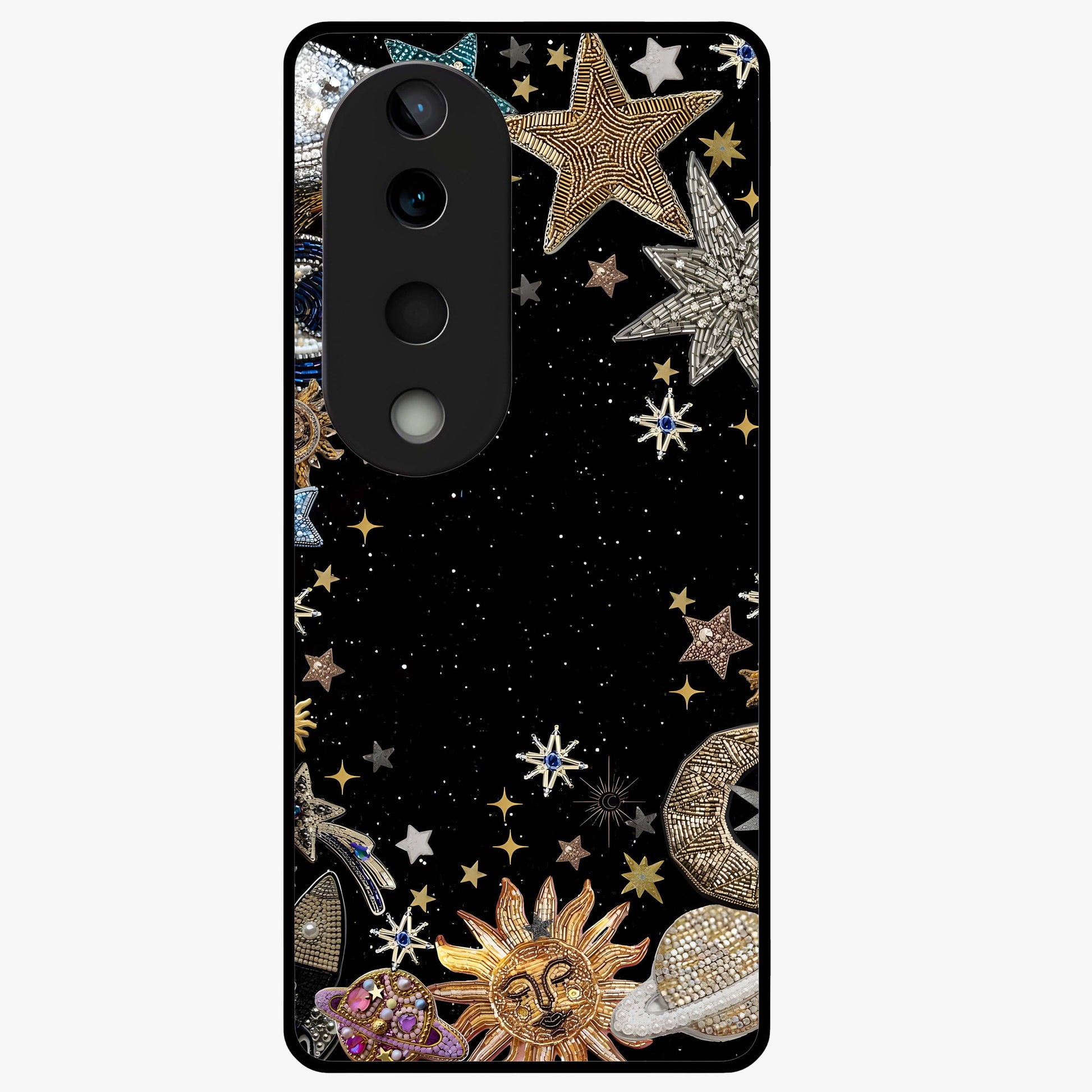 Galactic Jewel Stars Glass Case showing flat back view with sparkling star jewel artwork and glossy glass finish.
