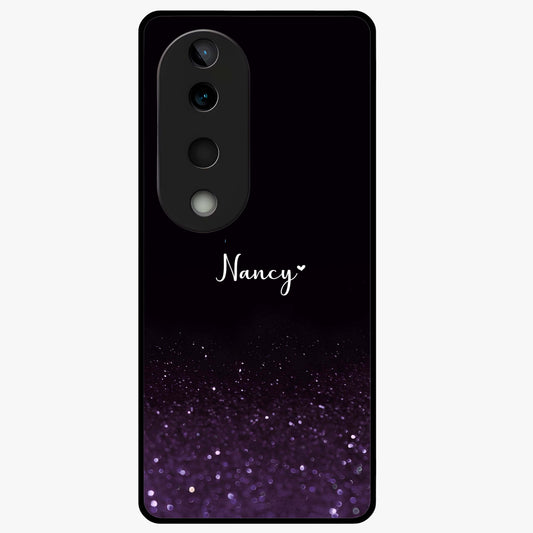 Glittery Purple Bokeh Custom Name Glass Case showing flat back view with purple bokeh sparkle artwork and personalized name design.