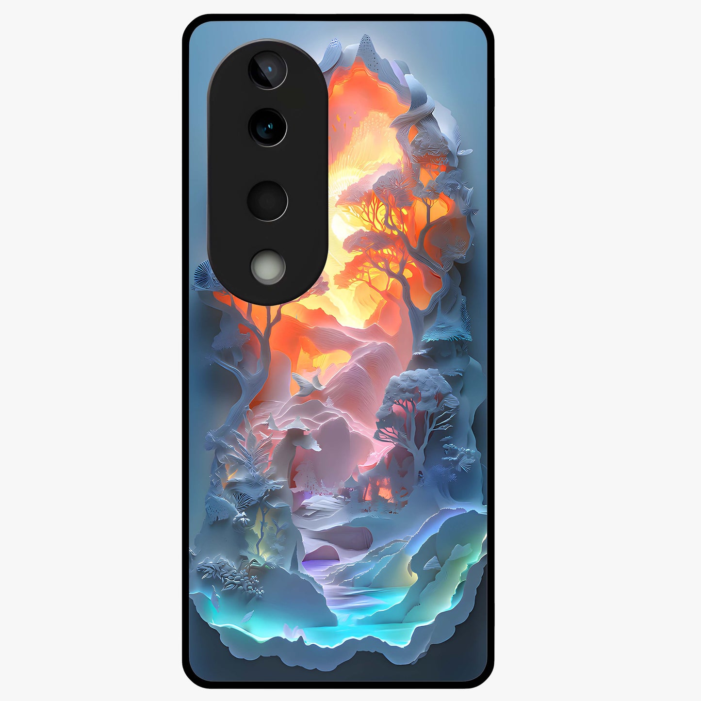 Glow Forest Portal Glass Case showing flat back view with glowing forest portal artwork and glossy glass finish.