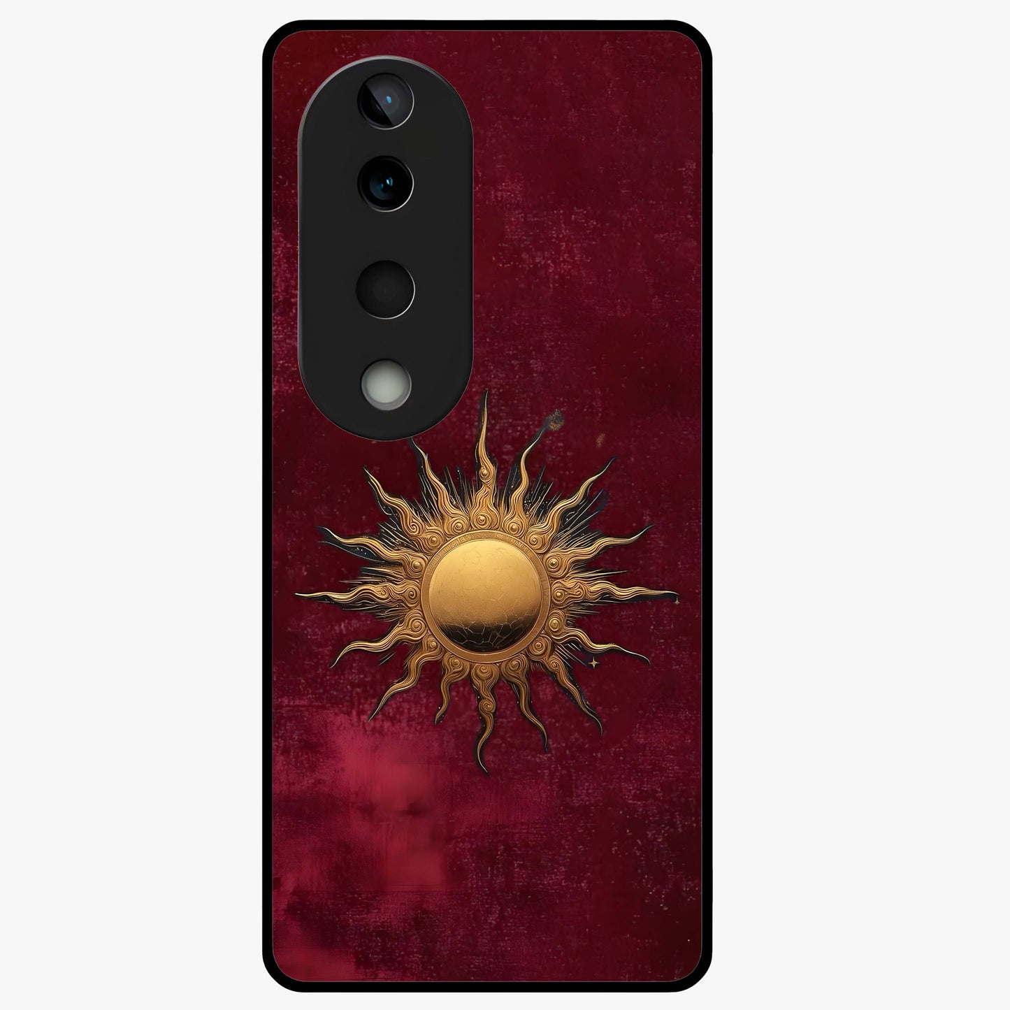 Gold Sun Blush Glass Case showing flat back view with golden sun inspired artwork and glossy glass finish.
