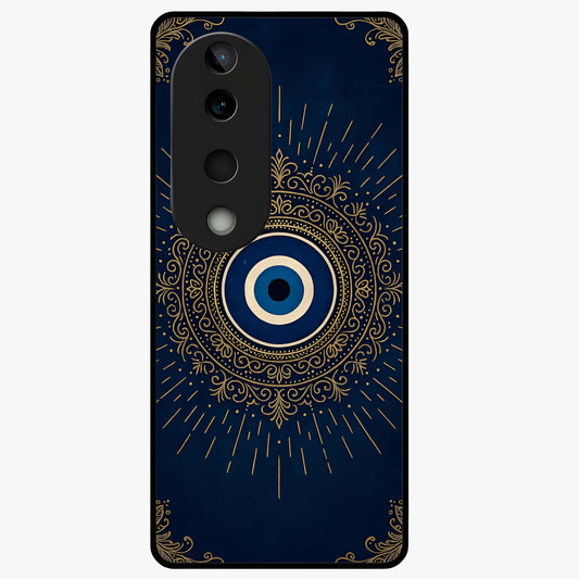 Golden Evil Eye Mandala Glass Case showing flat back view with intricate evil eye mandala artwork and glossy glass finish.