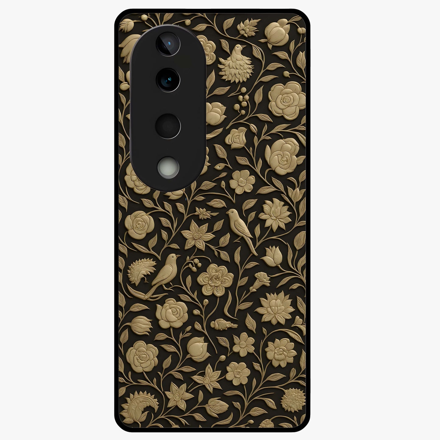 Golden Floral Majesty Glass Case showing flat back view with luxurious golden floral artwork and glossy glass finish.