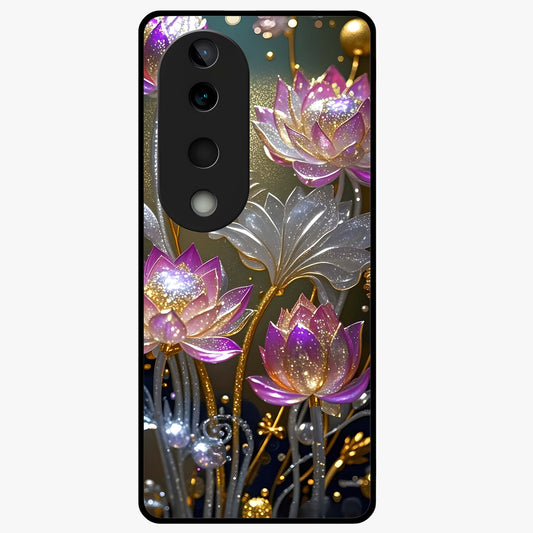 Golden Lotus Glow Glass Case showing flat back view with glowing lotus flower artwork and glossy glass finish.