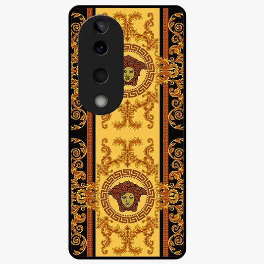 Golden Royal Heritage Glass Case showing flat back view with ornate royal pattern artwork and glossy glass finish.