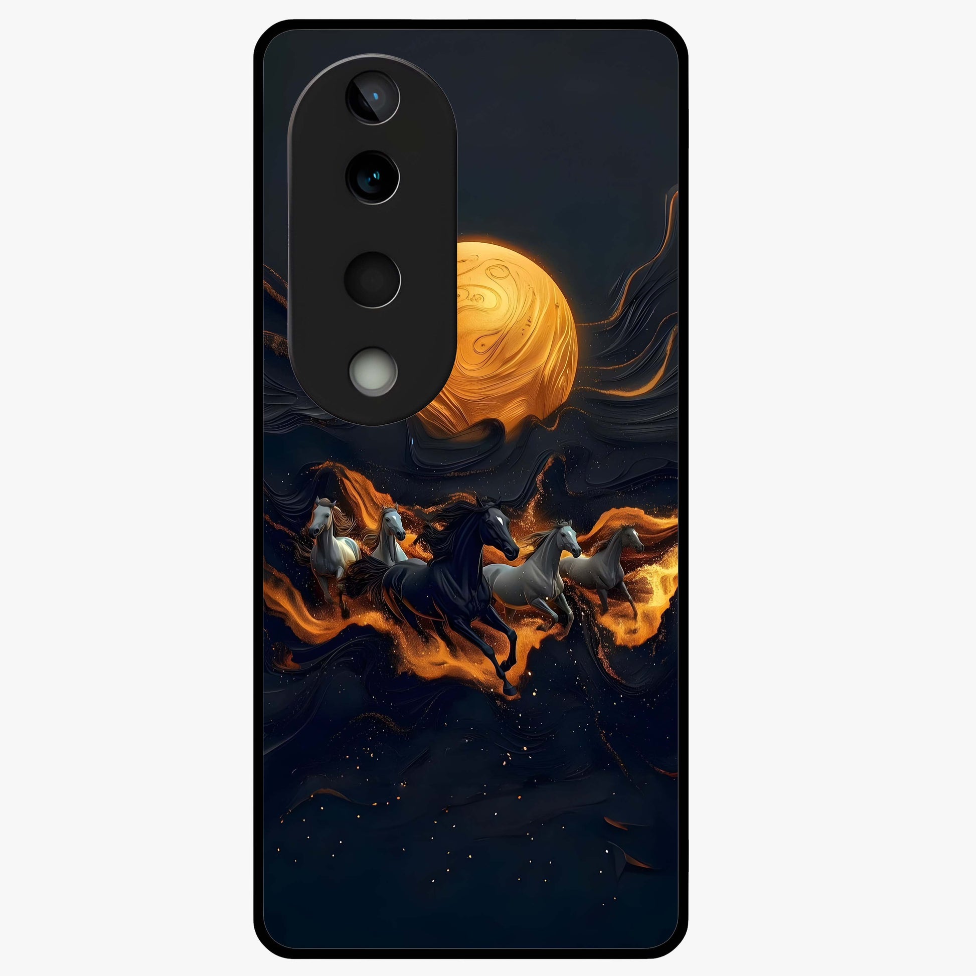 Golden Stallion Moonride Glass Case showing flat back view with majestic horse under moonlight artwork and glossy glass finish.