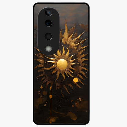 Golden Sun Majesty Glass Case showing flat back view with radiant golden sun artwork and glossy glass finish.