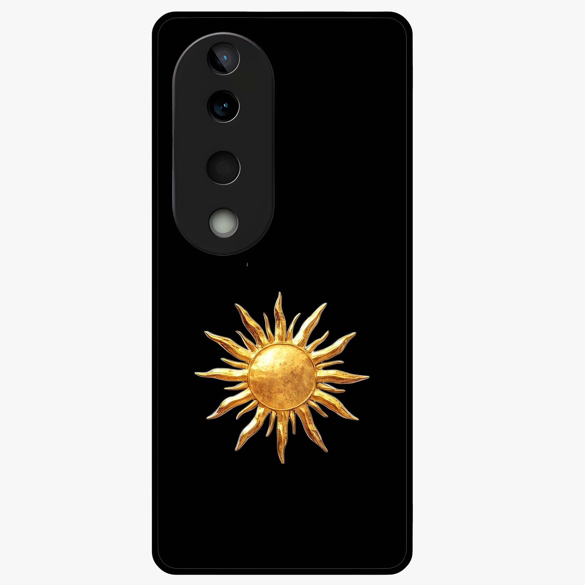 Golden Sun Minimalism Glass Case showing flat back view with minimal golden sun artwork and glossy glass finish.