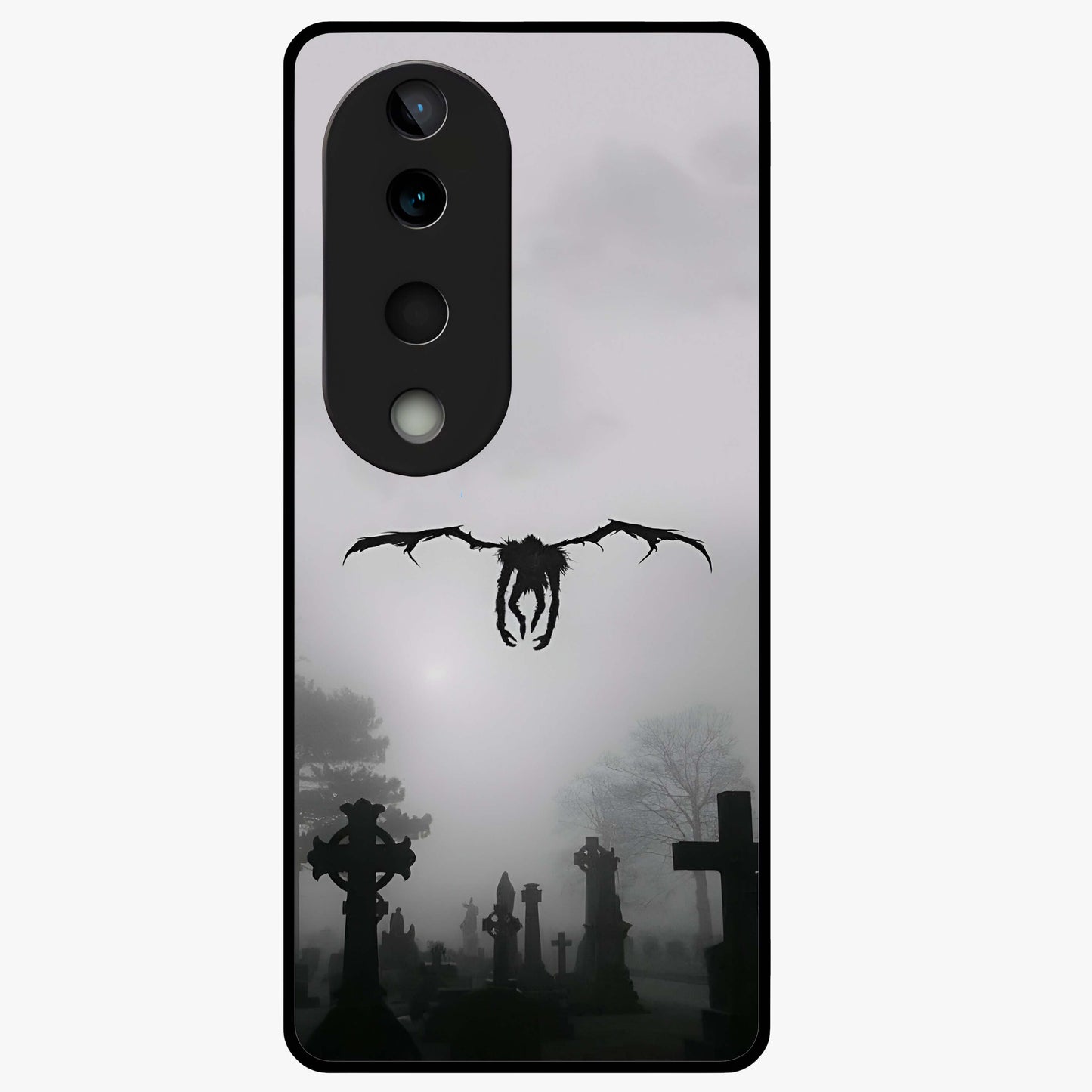 Graveyard Shadow Descent Glass Case showing flat back view with dark graveyard themed artwork and glossy glass finish.