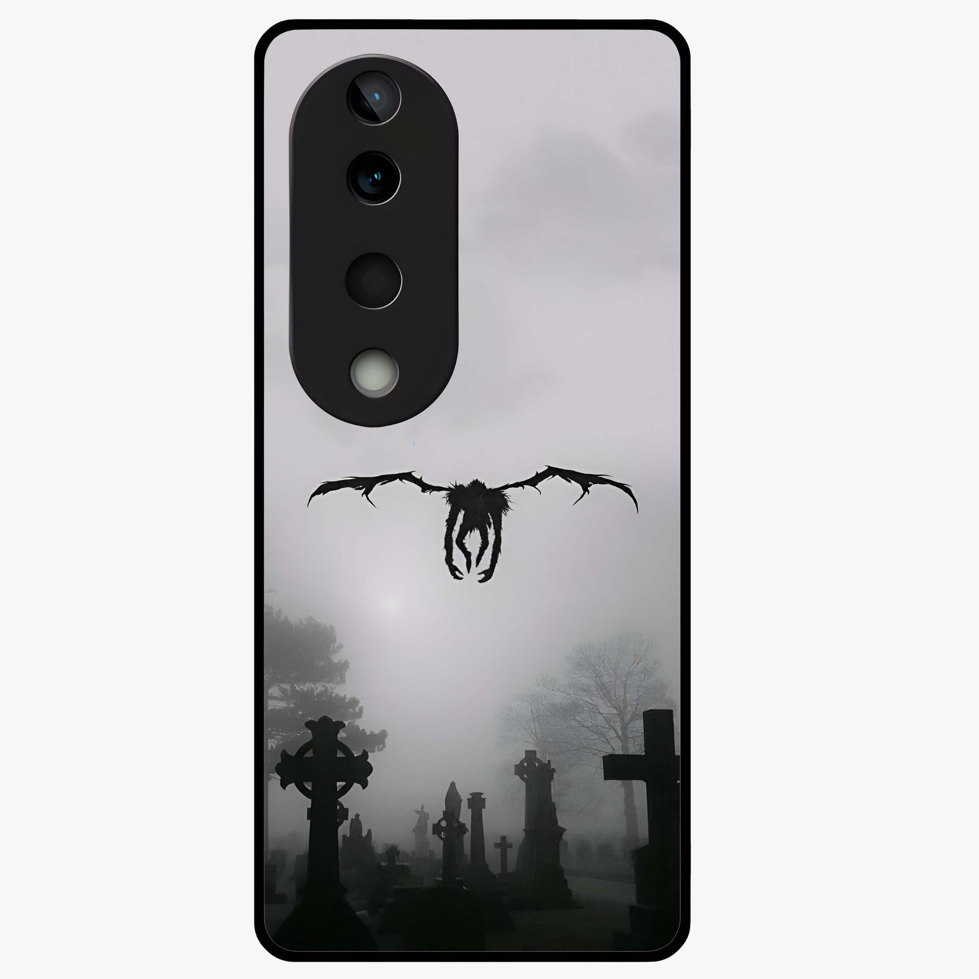 Graveyard Shadow Descent Glass Case showing flat back view with dark graveyard themed artwork and glossy glass finish.