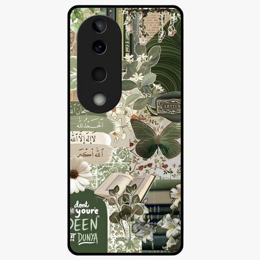 Green Islamic Books Quotes Glass Case showing flat back view with Islamic quotes and book themed artwork and glossy glass finish.