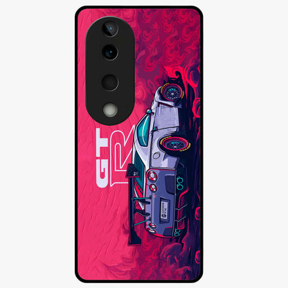GT-R Car Pattern Glass Case showing flat back view with sporty car inspired pattern artwork and glossy glass finish.