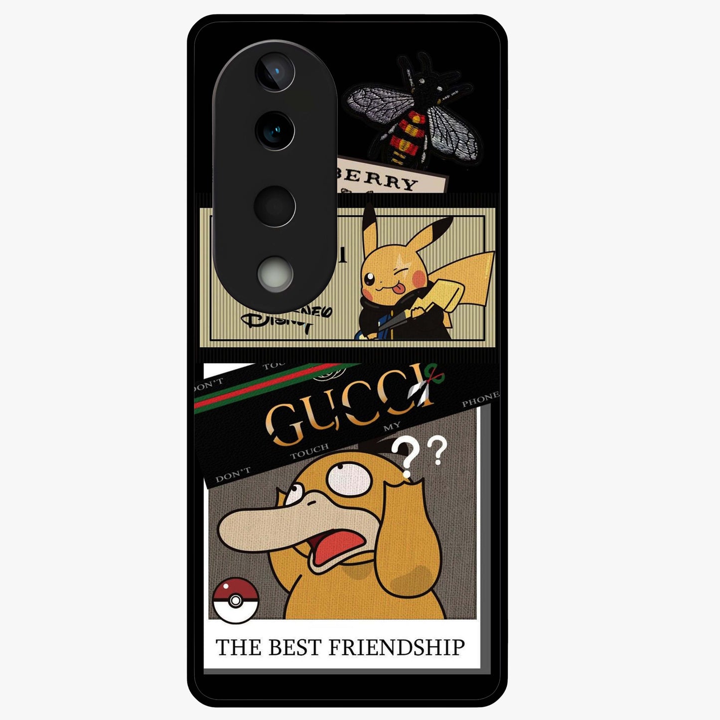 Gucci Play Mashup Glass Case showing flat back view with luxury inspired graphic artwork and glossy glass finish.