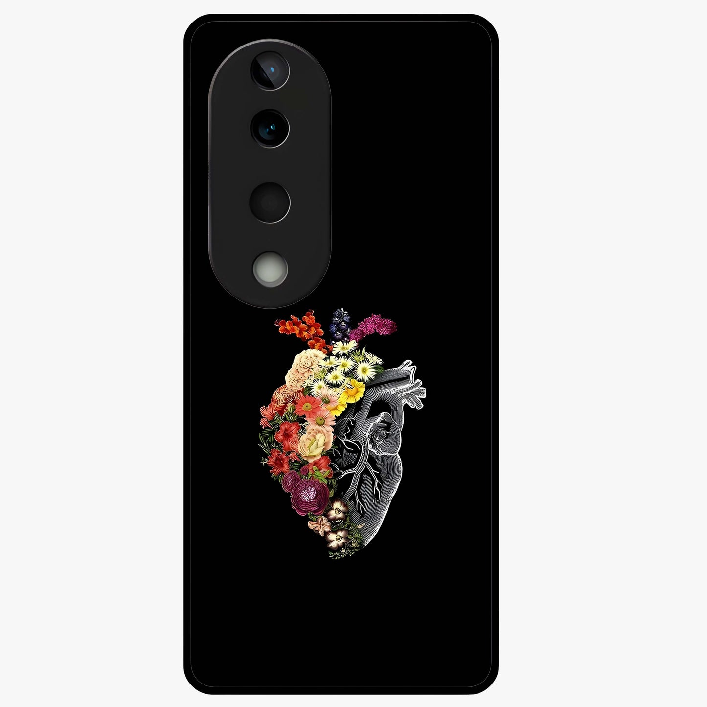 Heart With Flowers Glass Case showing flat back view with heart shaped floral artwork and glossy glass finish.