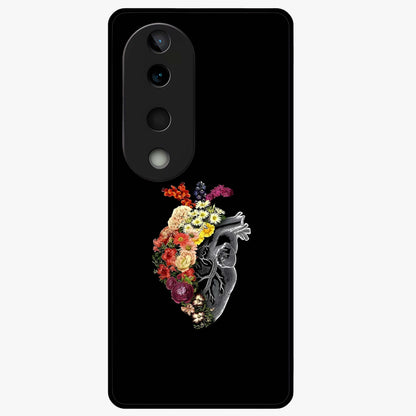 Heart With Flowers Glass Case showing flat back view with heart shaped floral artwork and glossy glass finish.