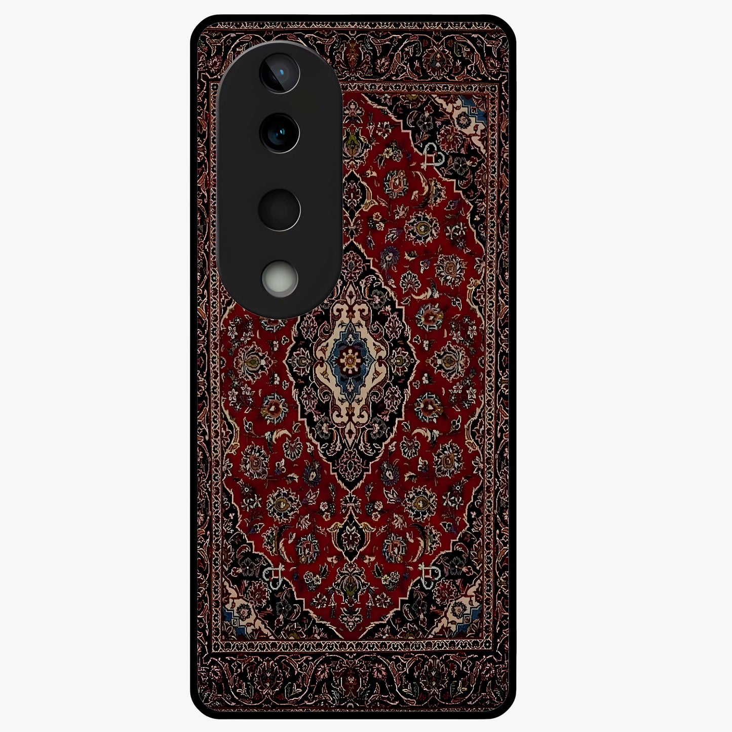 Heritage Carpet Royale Glass Case showing flat back view with ornate Persian carpet inspired pattern and glossy glass finish.