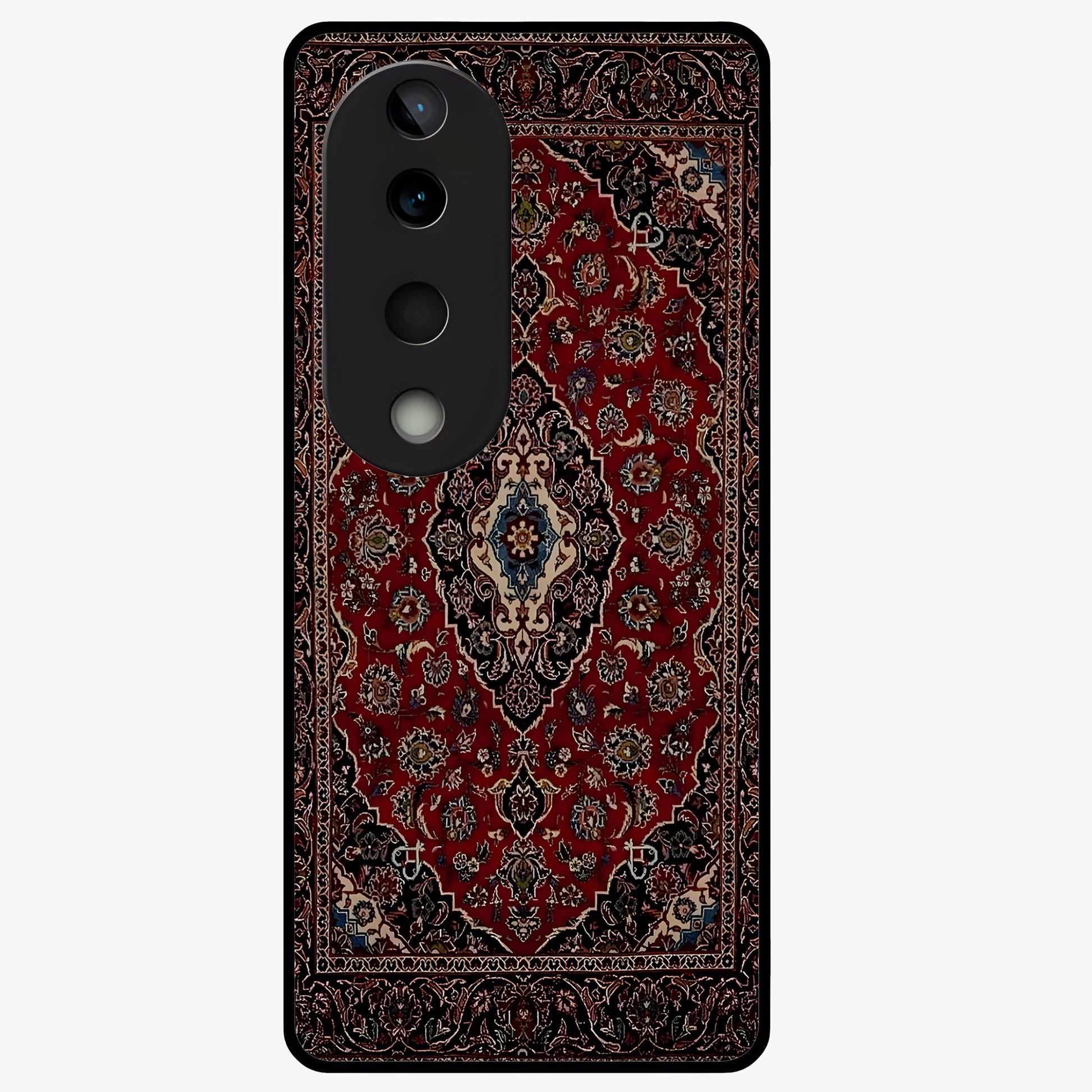 Heritage Carpet Royale Glass Case showing flat back view with ornate Persian carpet inspired pattern and glossy glass finish.