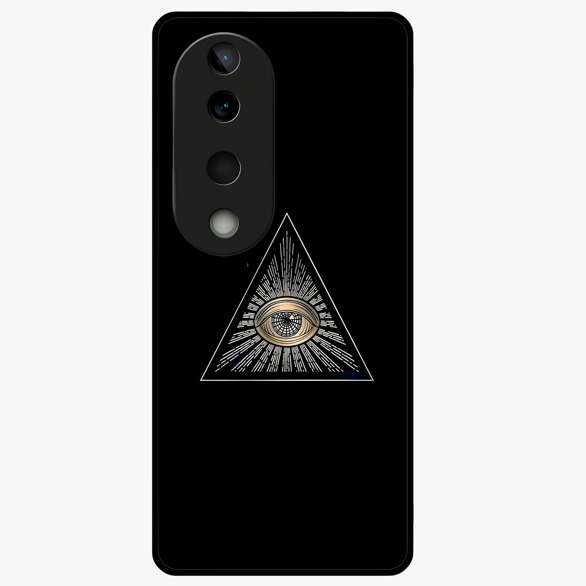 Illuminati Evil Glass Case showing flat back view with mysterious illuminati symbol artwork and glossy glass finish.