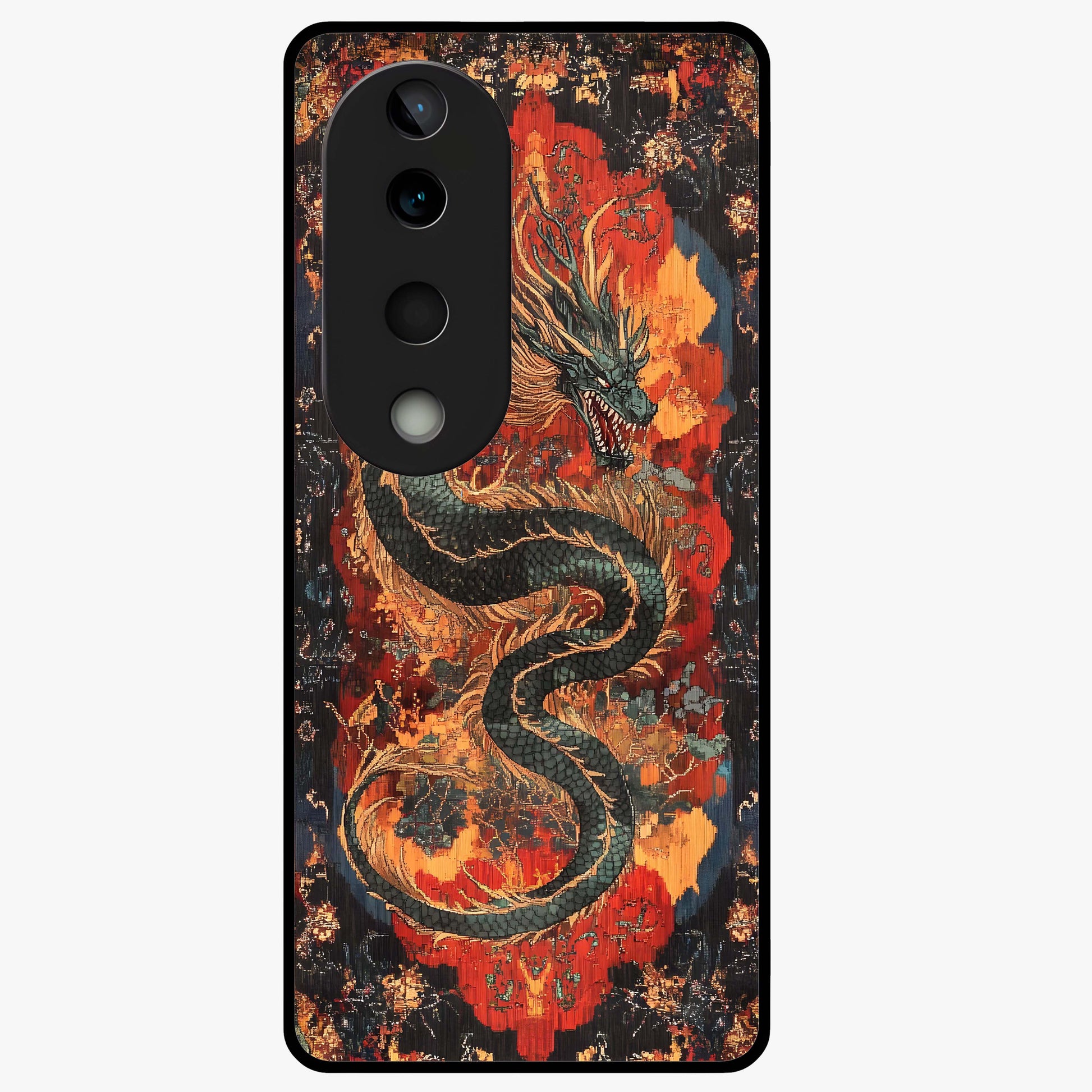 Inferno Dragon Soul Glass Case showing flat back view with fiery dragon artwork and glossy glass finish.