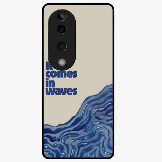 It Comes In Waves Quote Glass Case showing flat back view with inspirational wave themed quote artwork and glossy glass finish.