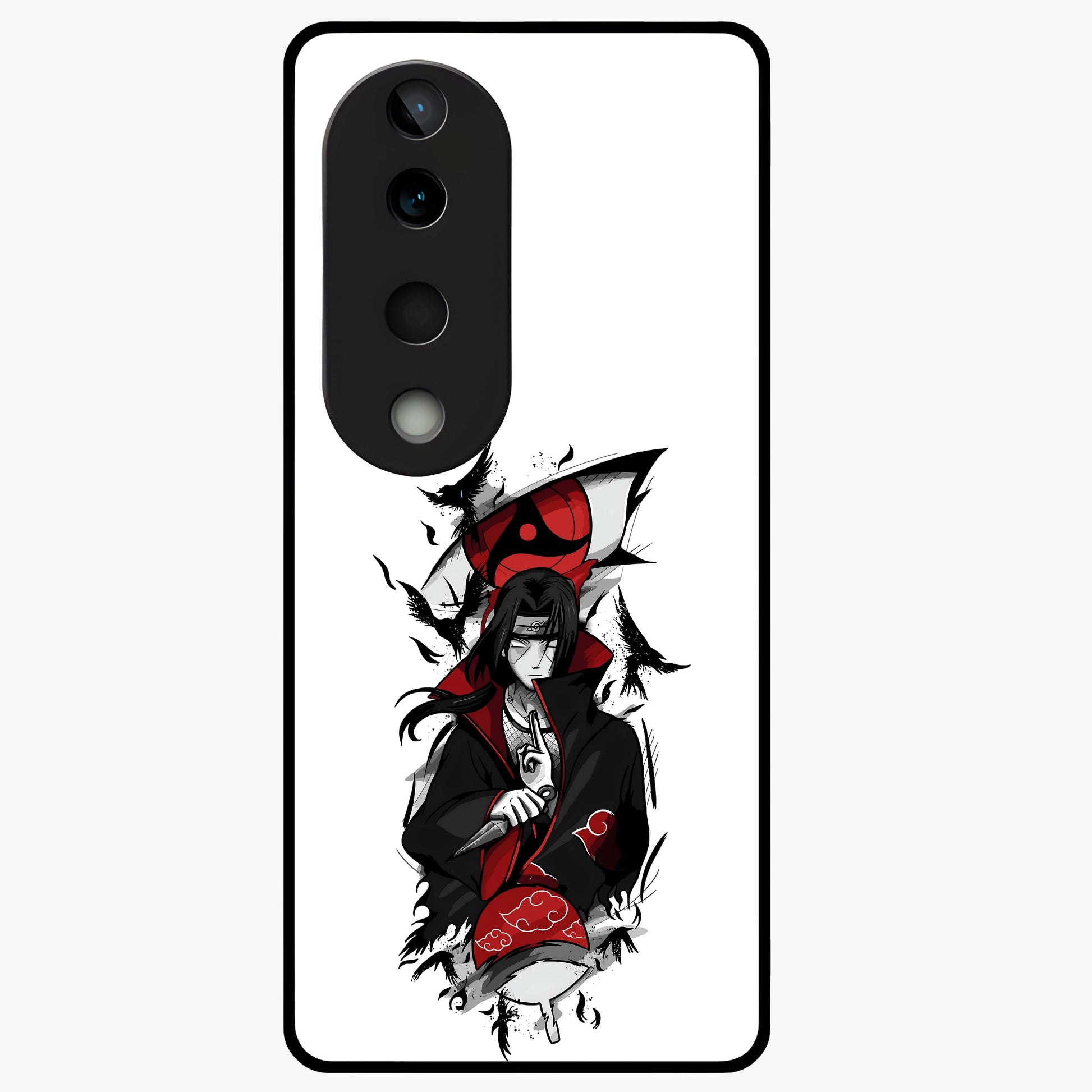 Itachi Sharingan Glass Case showing flat back view with powerful anime eye artwork and glossy glass finish.