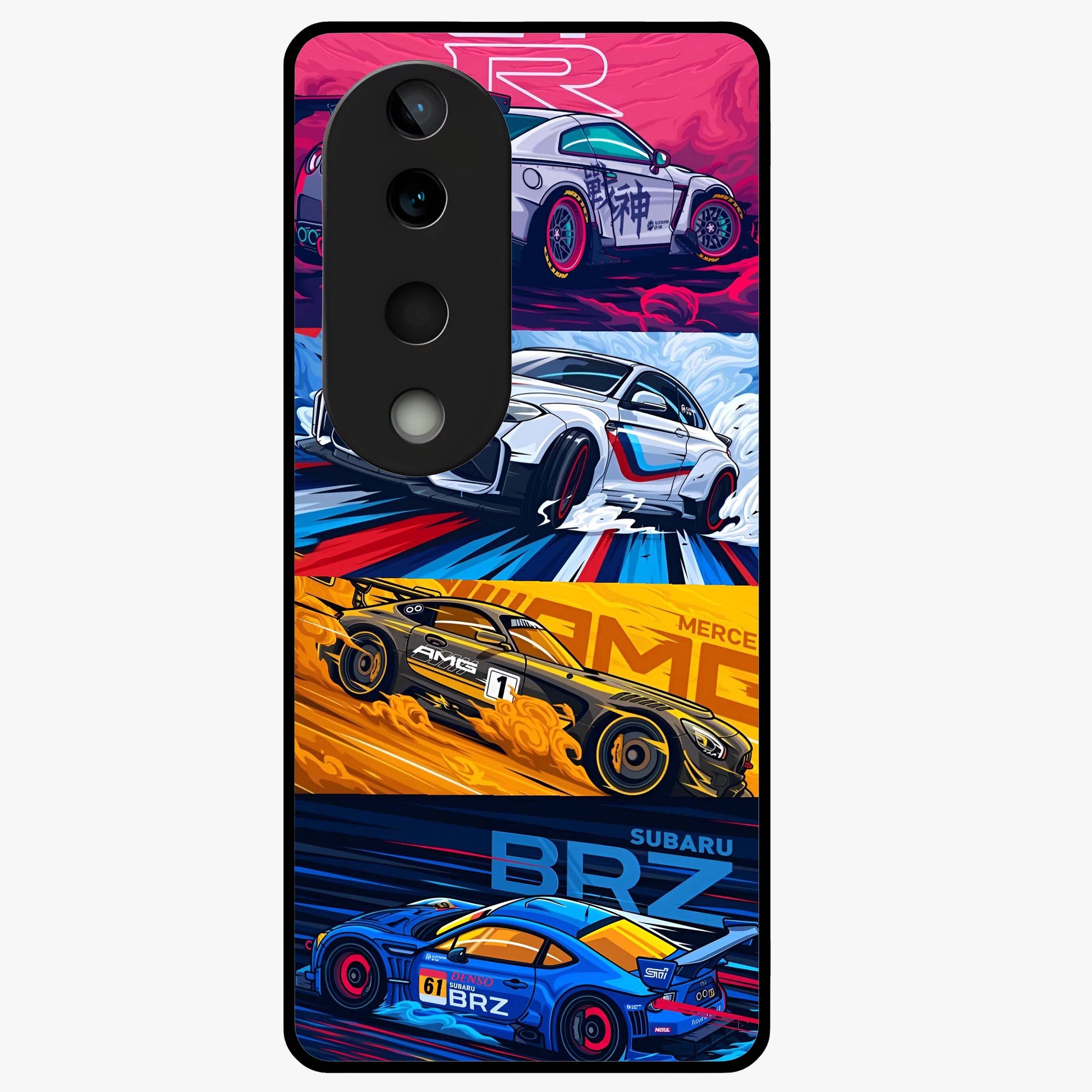JDM Sports Car Glass Case showing flat back view with high performance sports car artwork and glossy glass finish.