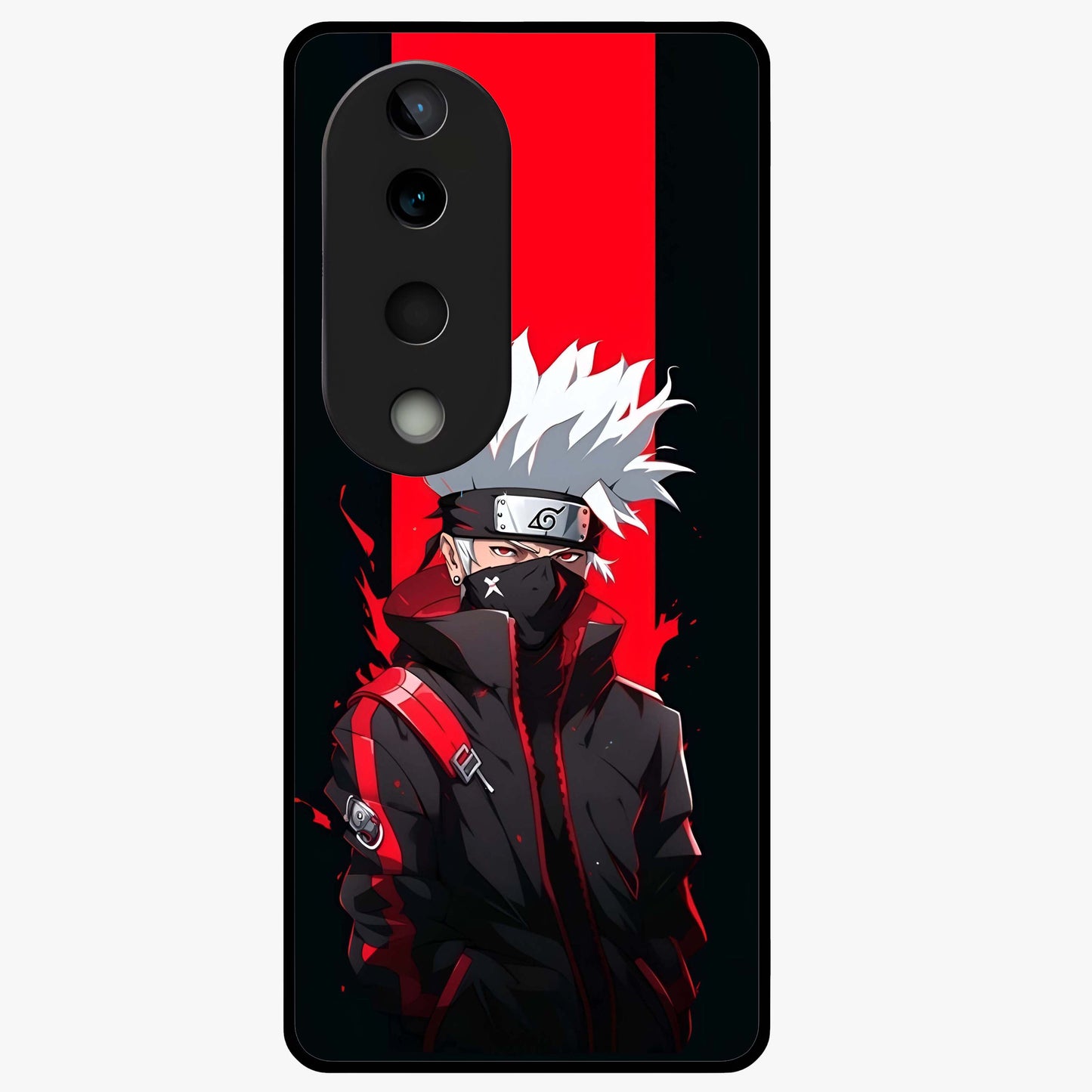 Kakashi Scarlet Shadow Glass Case showing flat back view with powerful anime ninja artwork and glossy glass finish.