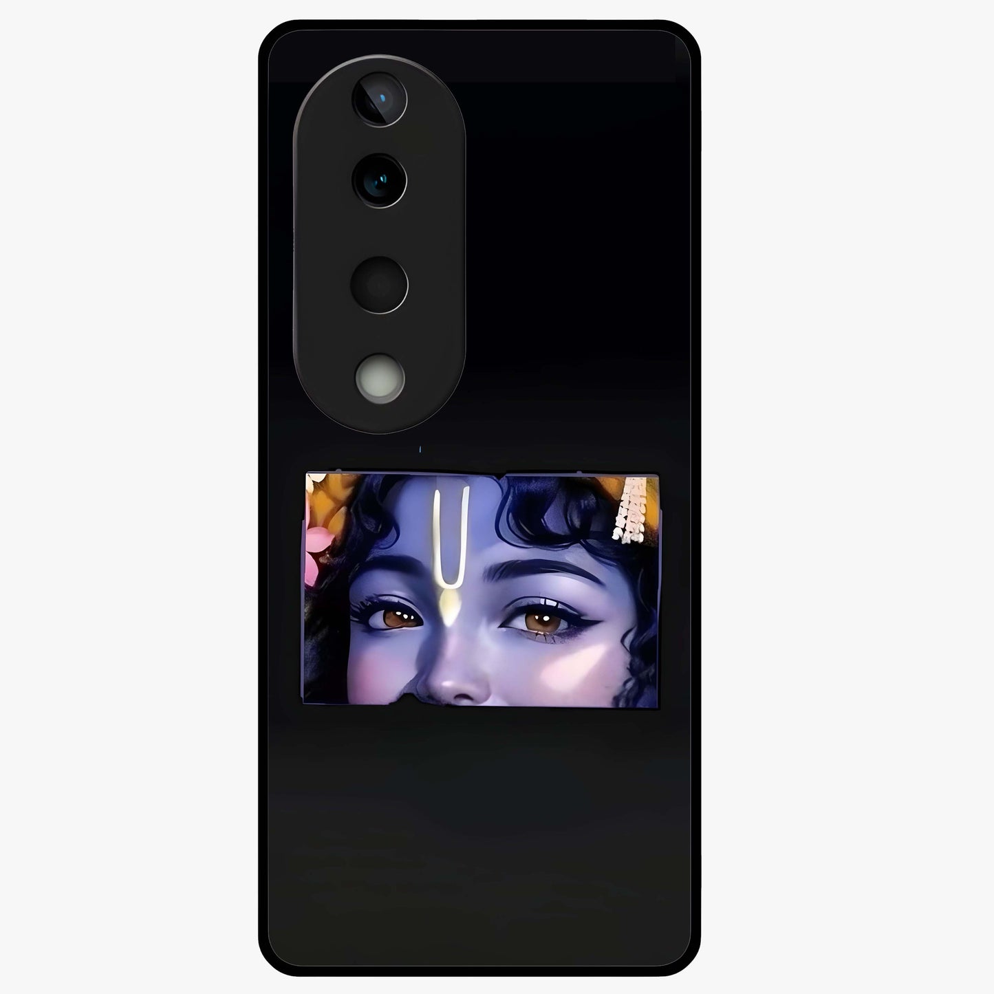 Krishna Divine Embrace Glass Case showing flat back view with Lord Krishna devotional artwork and glossy glass finish.