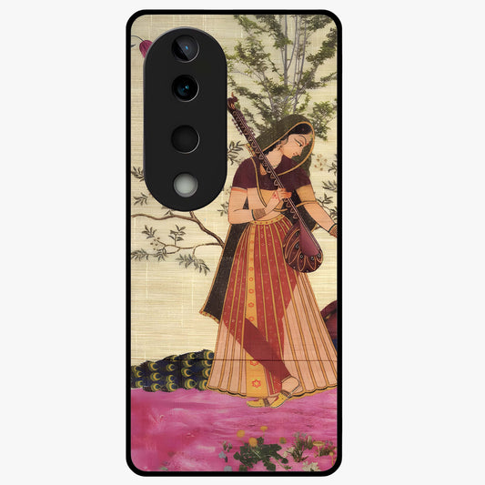 Lady With Veena Art Glass Case showing flat back view with elegant woman playing veena artwork and glossy glass finish.