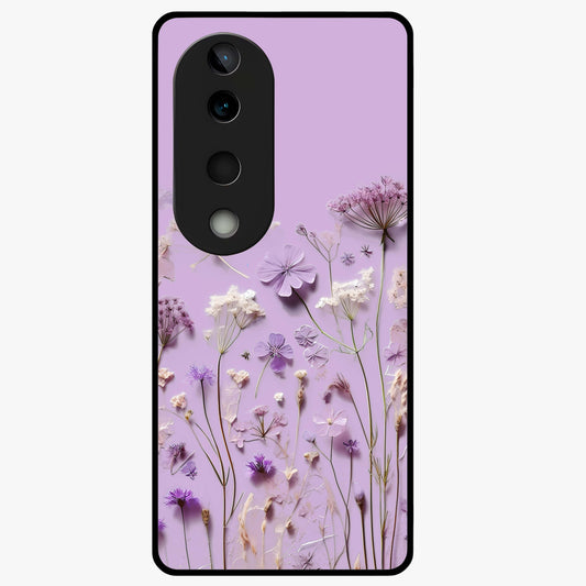 Lavender Blossom Dream Glass Case showing flat back view with soft lavender floral artwork and glossy glass finish.