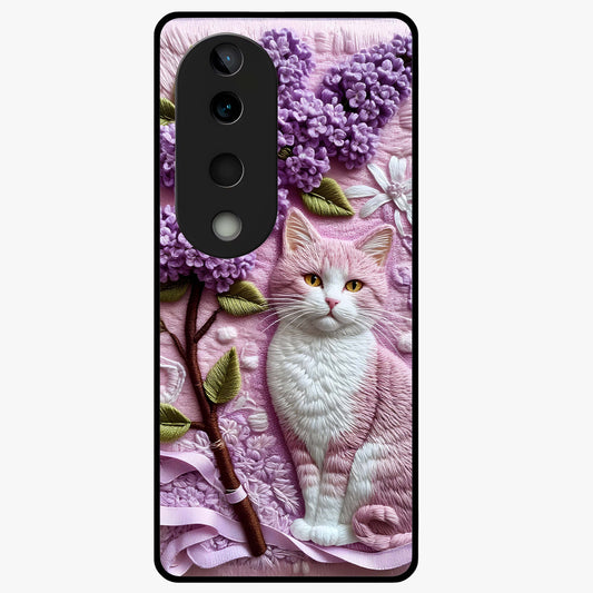Lavender Cat Whimsy Glass Case showing flat back view with cute lavender cat artwork and glossy glass finish.