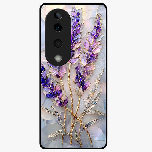 Lavender Dream Glow Glass Case showing flat back view with glowing lavender aesthetic artwork and glossy glass finish.