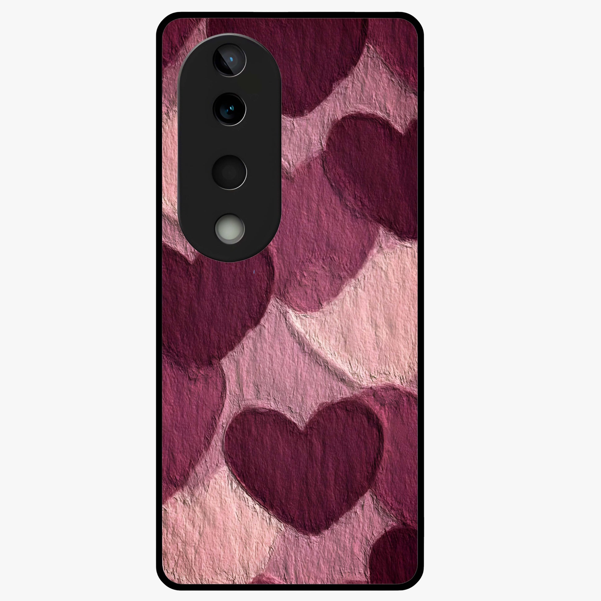 Layered Paper Hearts Glass Case showing flat back view with layered paper heart artwork and glossy glass finish.