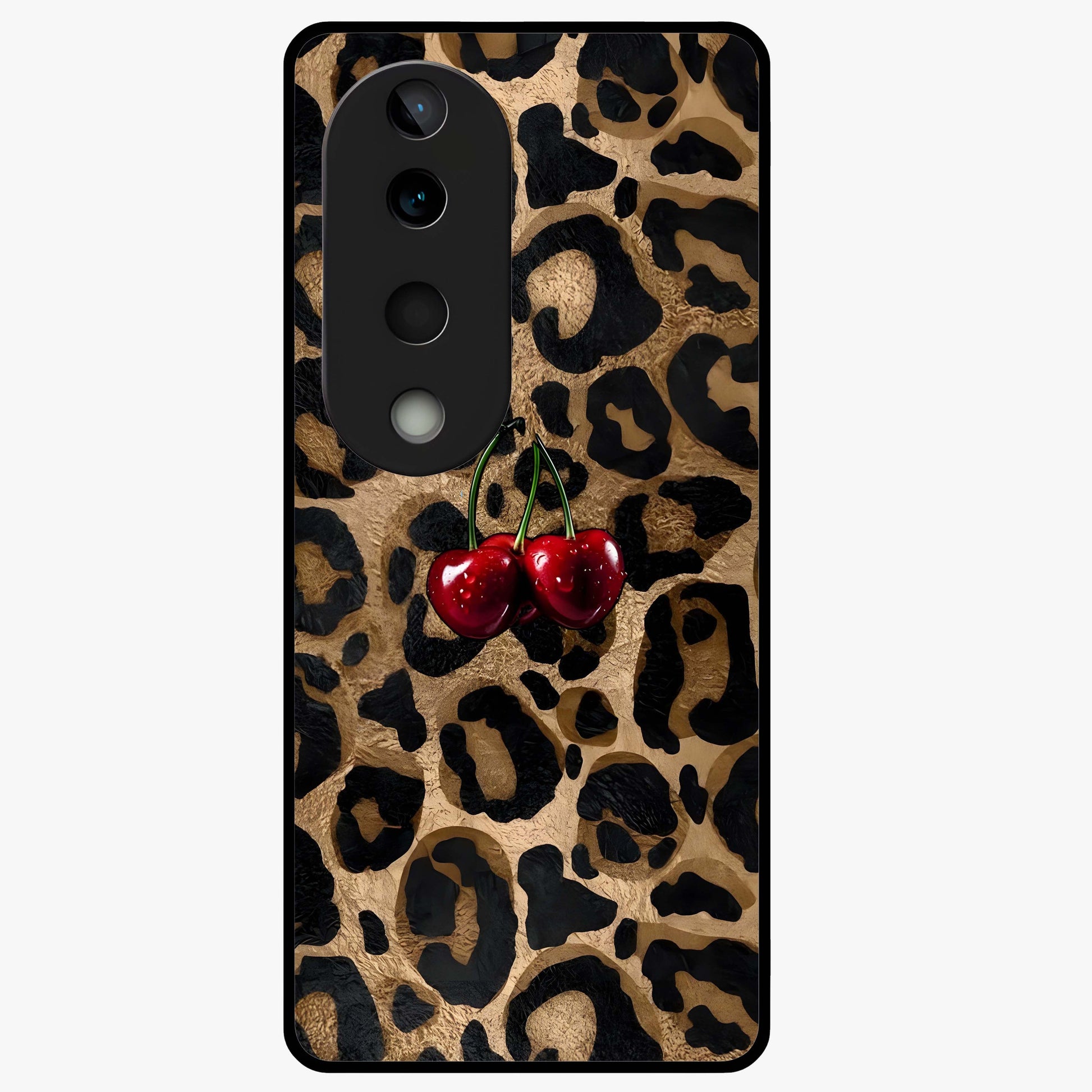 Leopard Wild Cherry Glass Case showing flat back view with leopard pattern and cherry artwork and glossy glass finish.