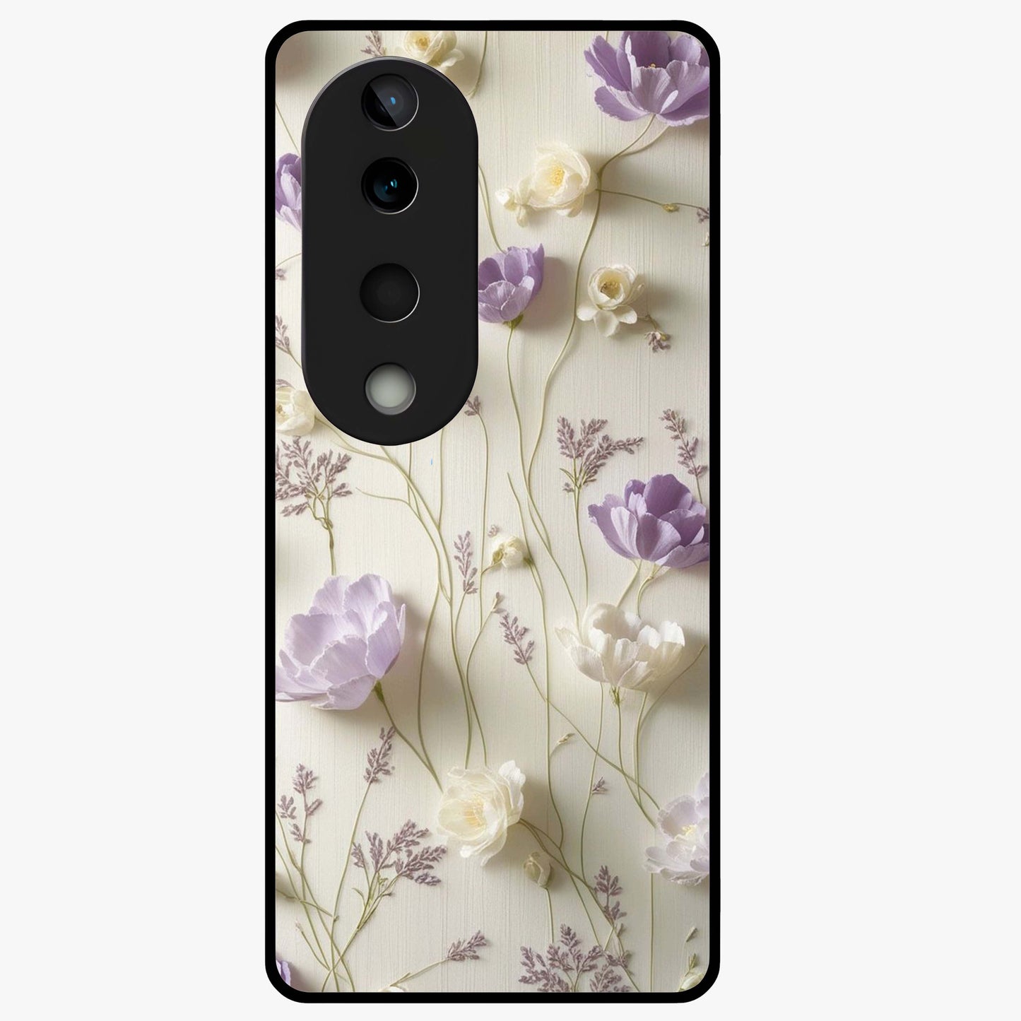 Lilac Breeze Harmony Glass Case showing flat back view with soft lilac themed artwork and glossy glass finish.